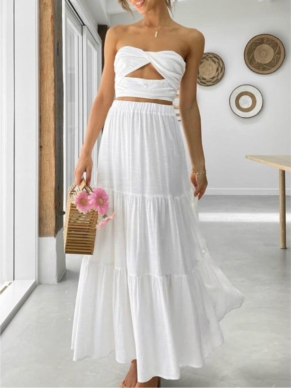 Anrabess long flowy white tiered 100% rayon maxi skirt size medium